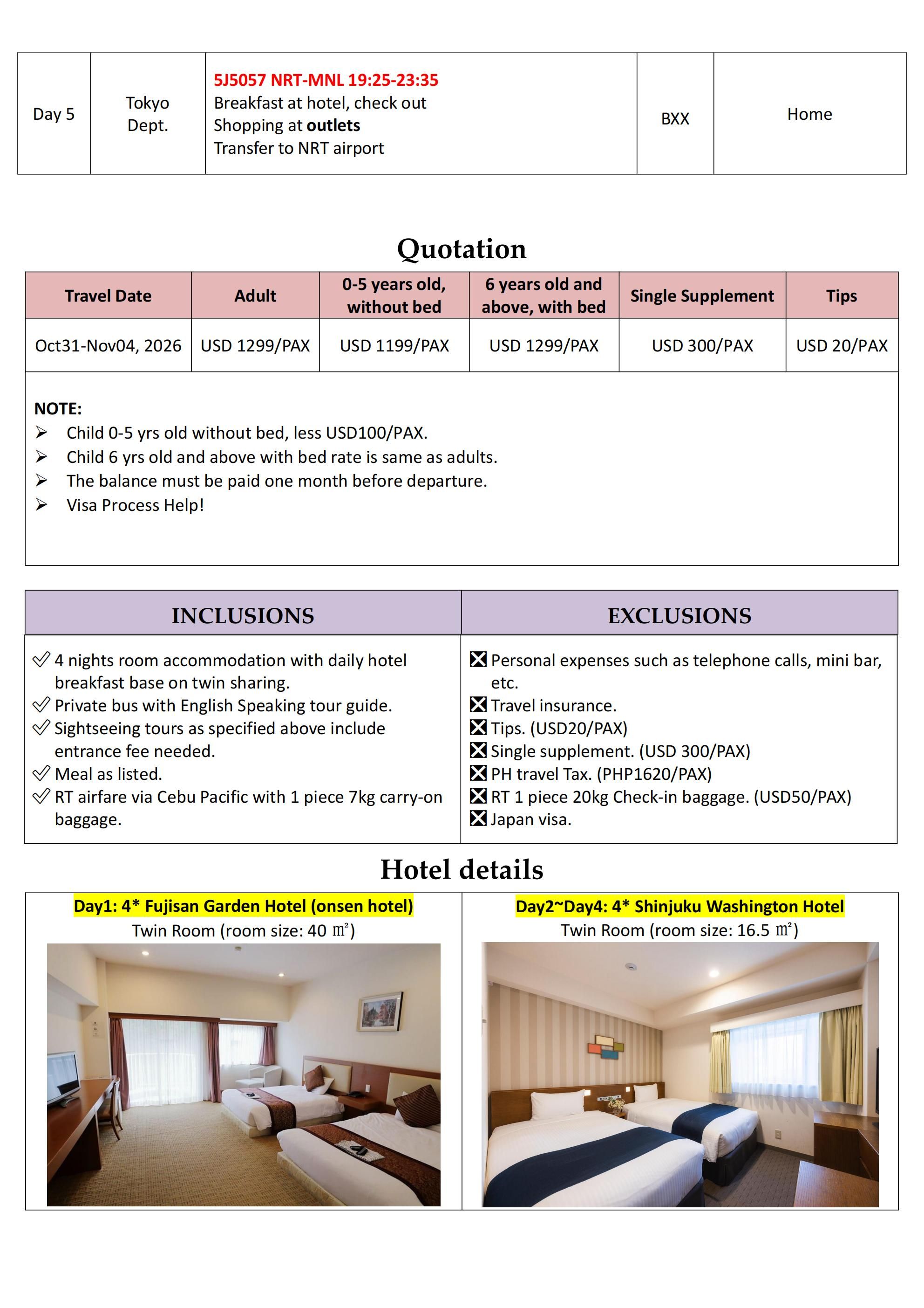 Tokyo-Mt.Fuji-Hakone 5D4N ALL IN Tour: AS LOW AS $1299/PAX itinerary
