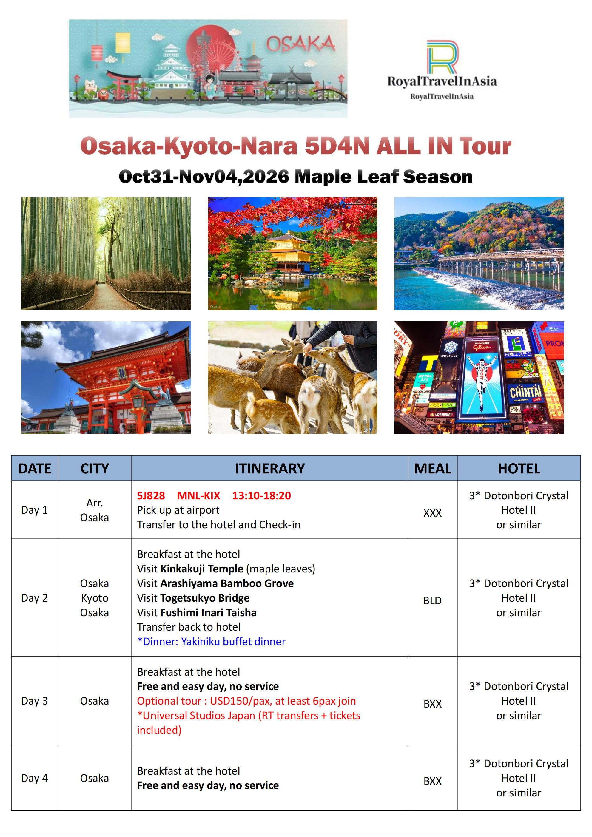 Osaka-Kyoto-Nara 5D4N ALL IN Tour: AS LOW AS $1099/PAX itinerary