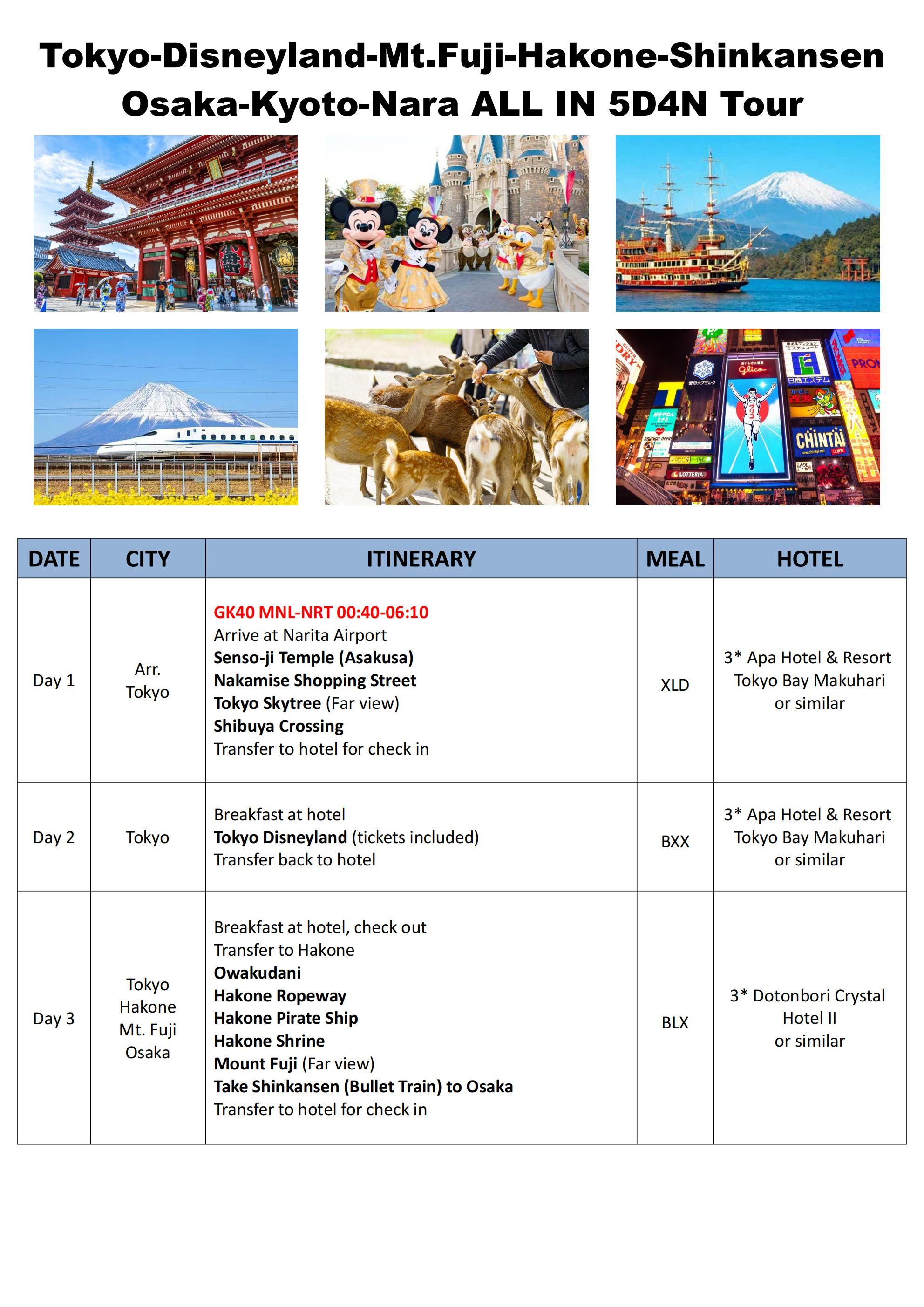 Tokyo-Disneyland-Mt.Fuji-Hakone-Shinkansen  Osaka-Kyoto-Nara ALL IN 5D4N Tour: AS LOW AS $1399/PAX itinerary