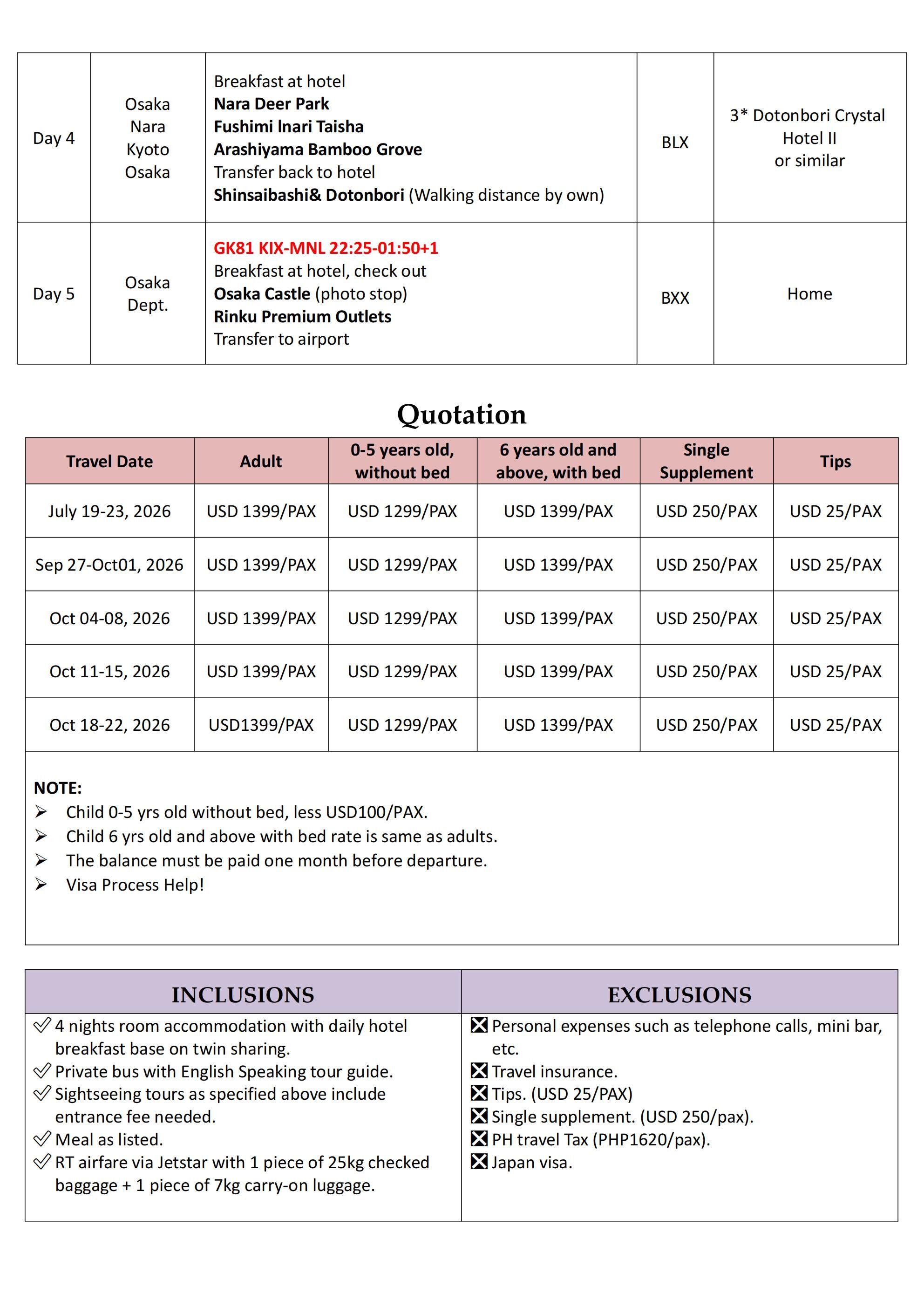 Tokyo-Disneyland-Mt.Fuji-Hakone-Shinkansen  Osaka-Kyoto-Nara ALL IN 5D4N Tour: AS LOW AS $1399/PAX itinerary