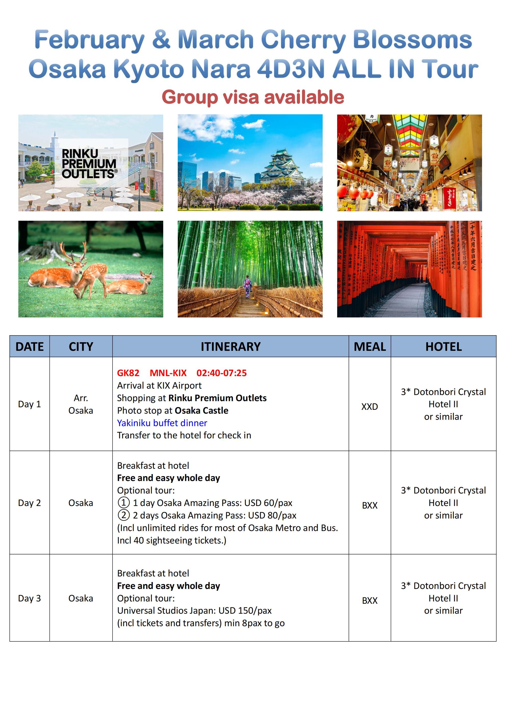 MNL-KIX-MNL Osaka-kyoto-Nara 4D3N Escape: AS LOW AS $799/PAX itinerary