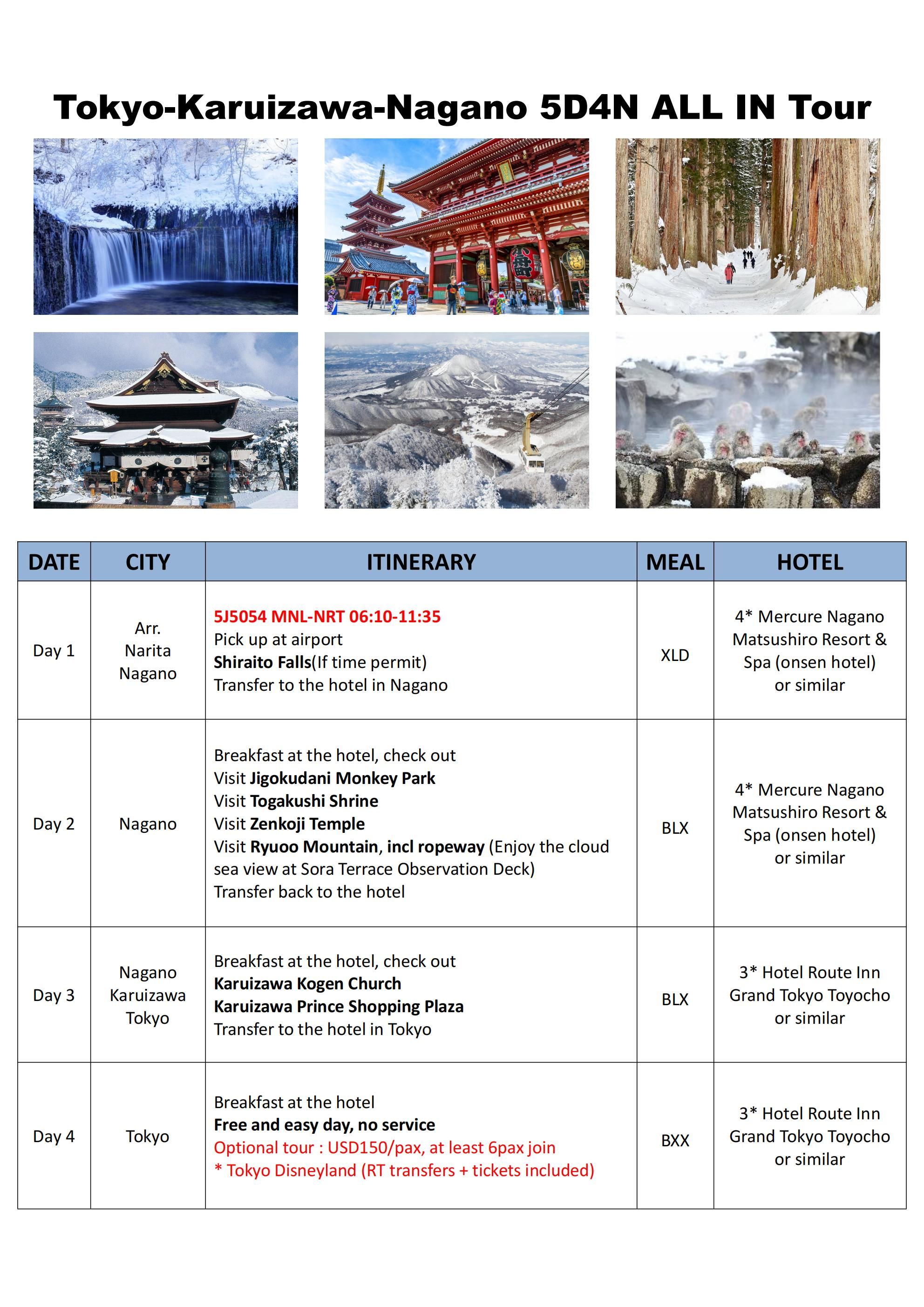 Tokyo-Karuizawa-Nagano 5D4N ALL IN Tour: AS LOW AS $1299/PAX itinerary