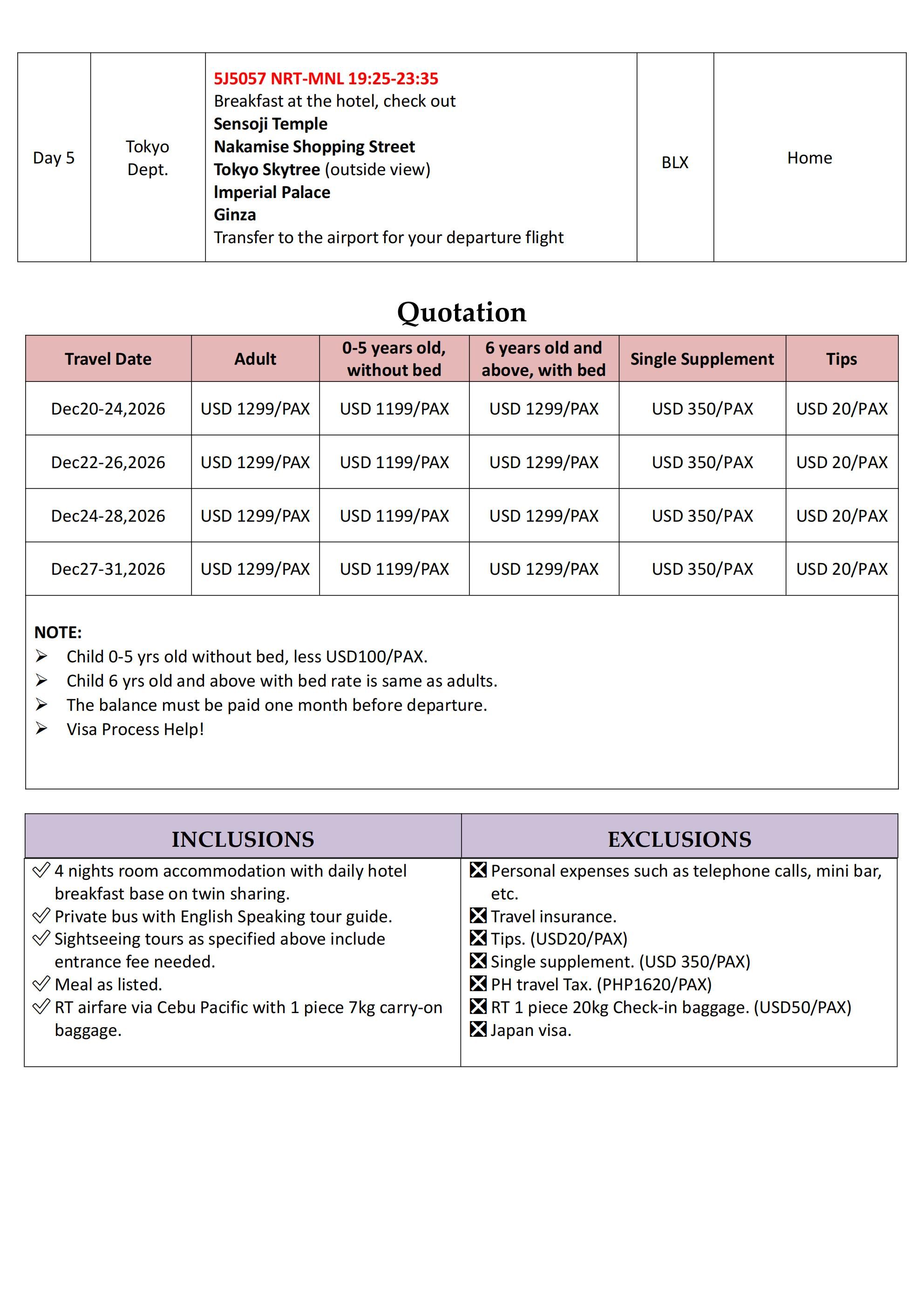 Tokyo-Karuizawa-Nagano 5D4N ALL IN Tour: AS LOW AS $1299/PAX itinerary