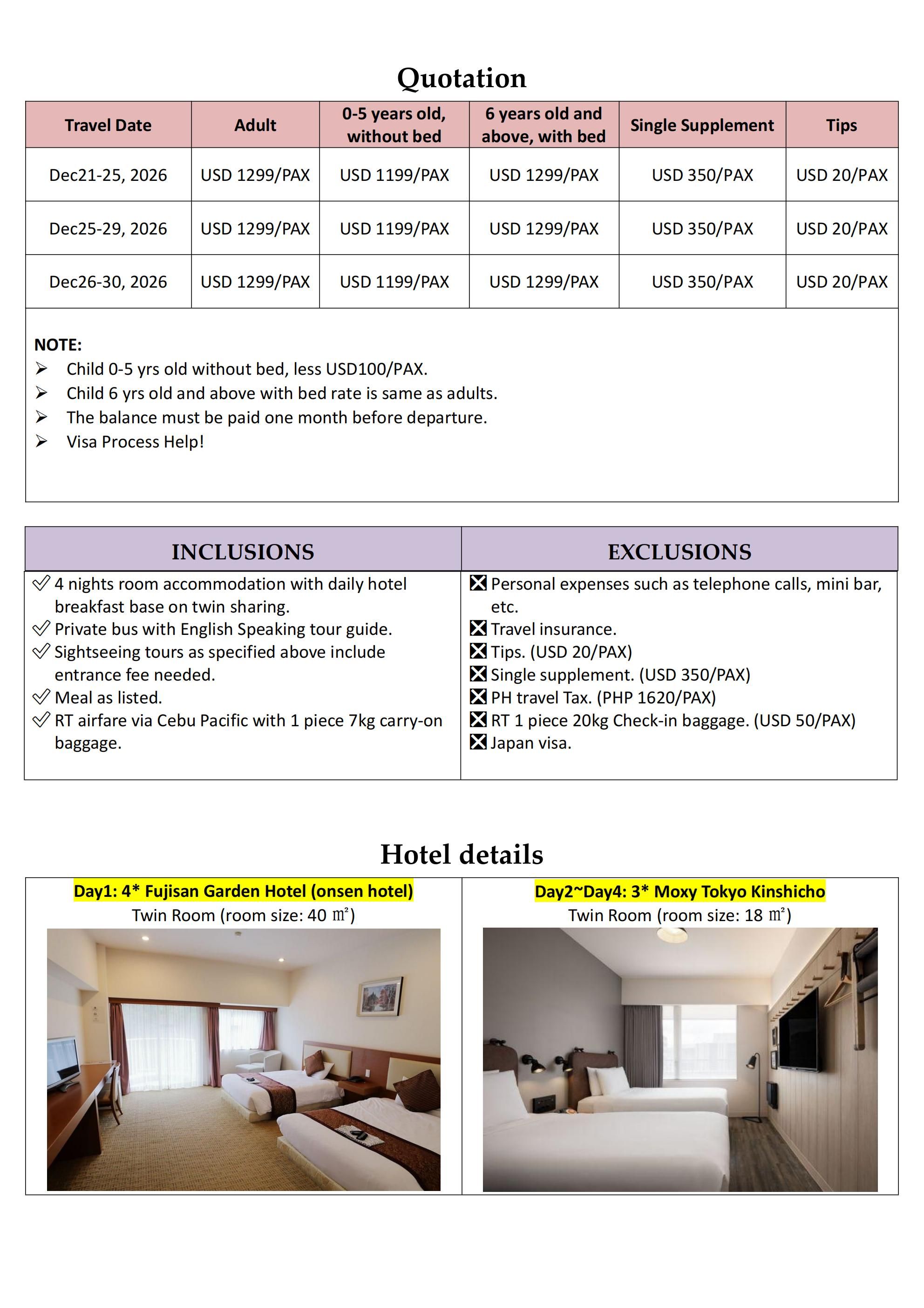 Tokyo-Mt.Fuji-Hakone 5D4N ALL IN Tour: AS LOW AS $1299/PAX itinerary