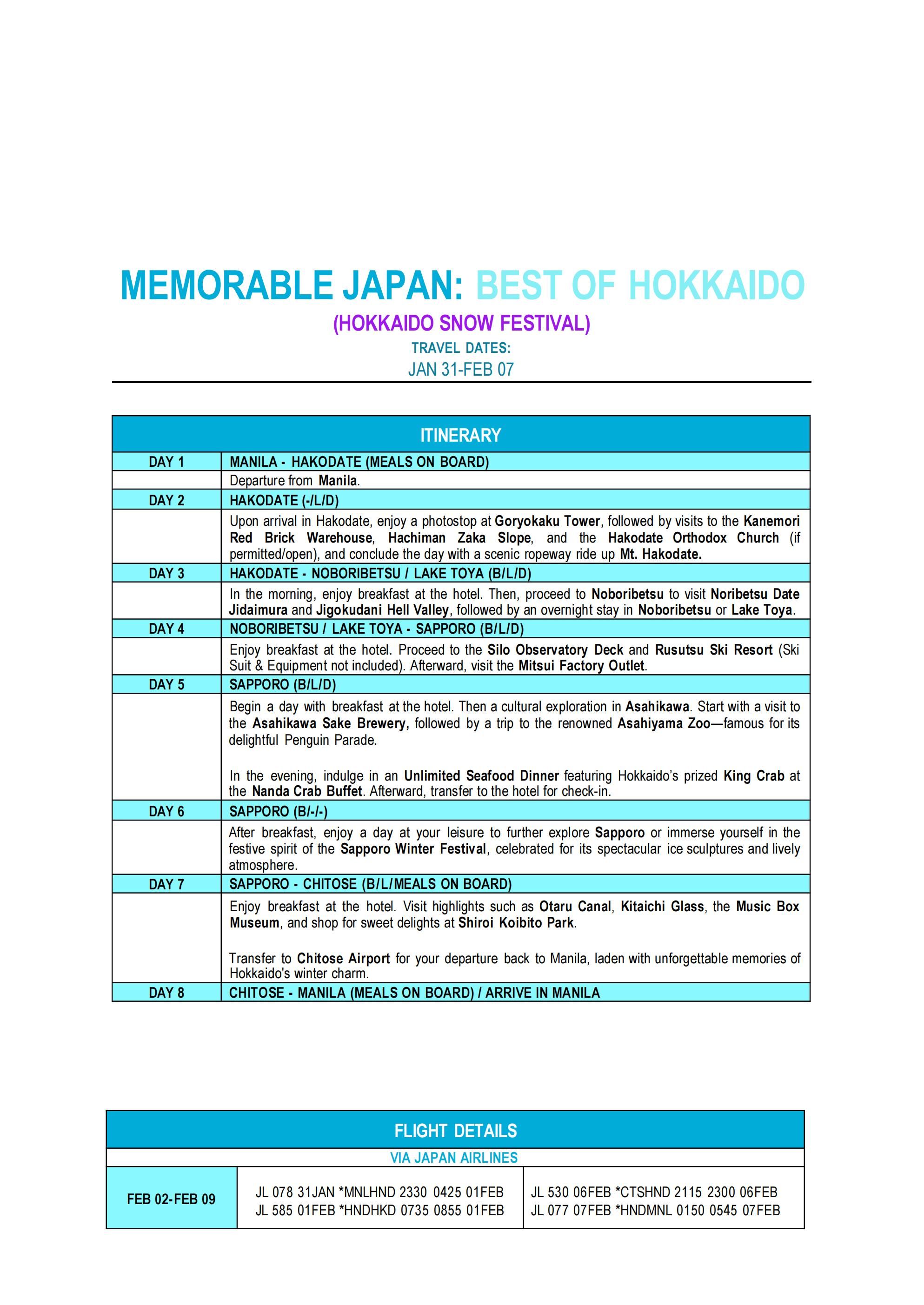 (EVISA) Memorable Japan Snow Festival 2027 : AS LOW AS $2288/PAX itinerary