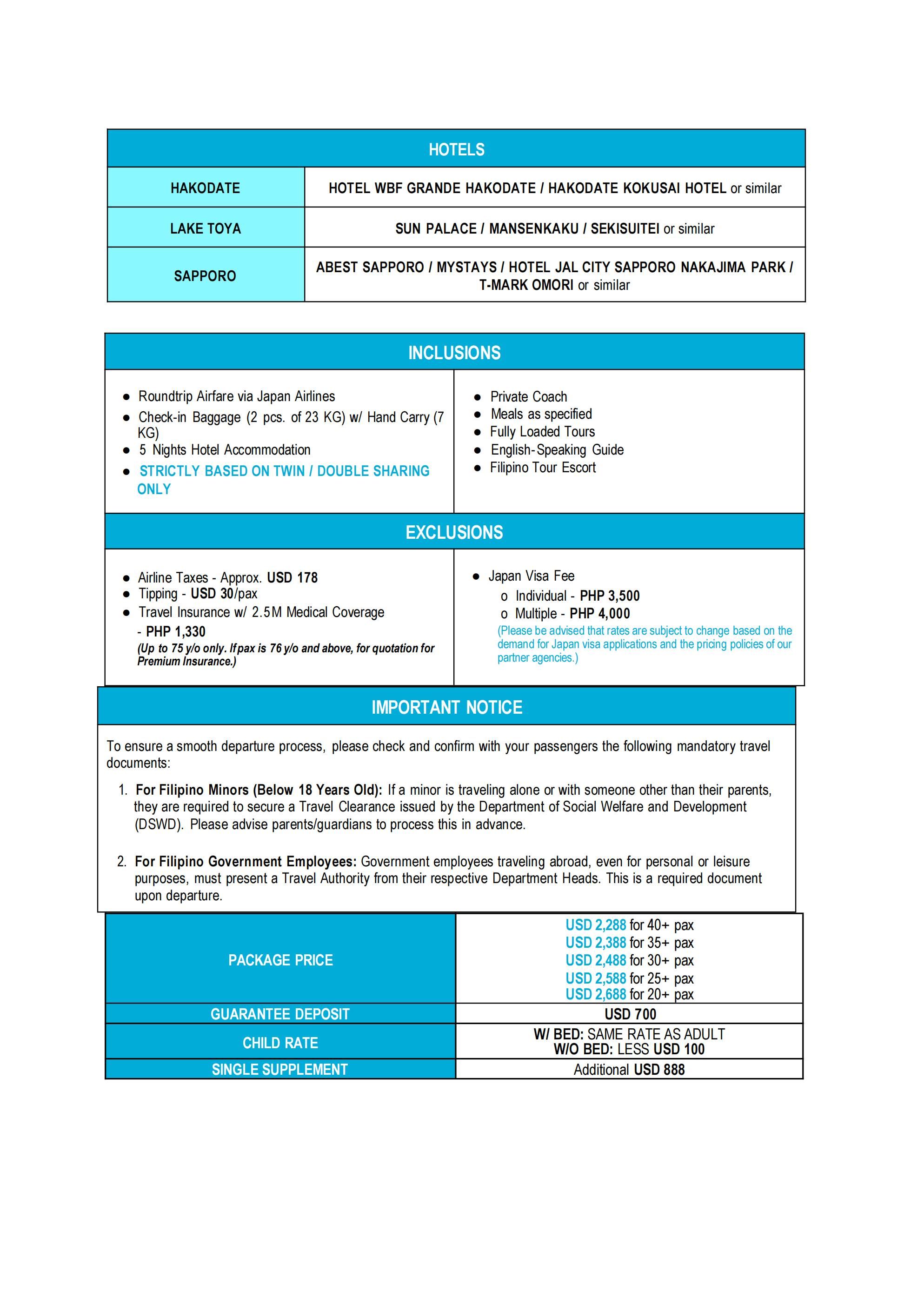 (EVISA) Memorable Japan Snow Festival 2027 : AS LOW AS $2288/PAX itinerary