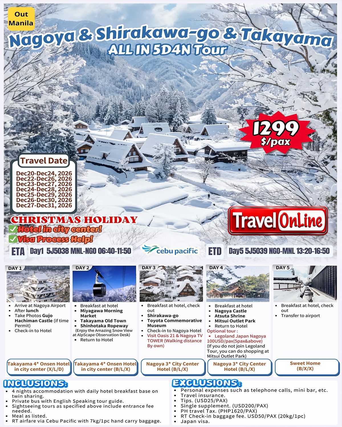 Nagoya and Shirakawa-go and Takayama ALL IN 5D4N Tour  December Snow: AS LOW AS $1299/PAX promo image