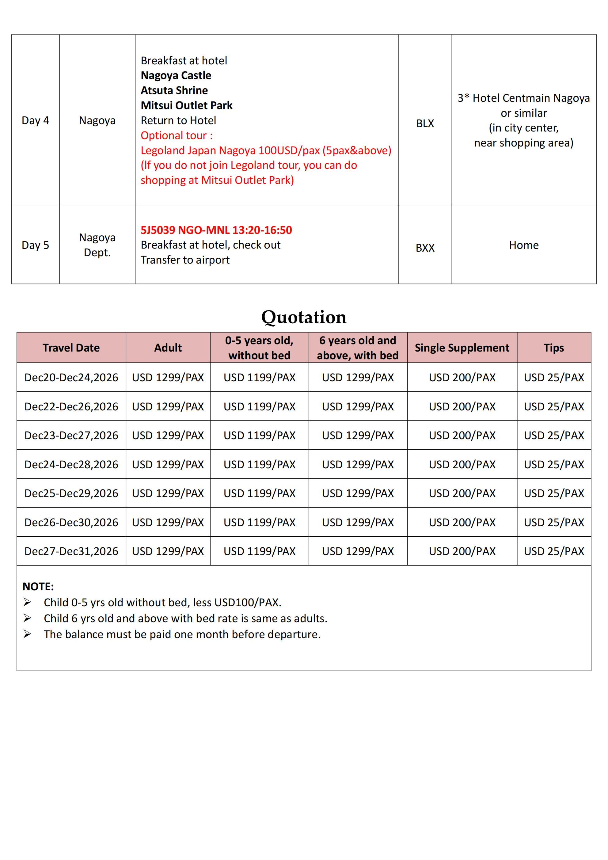 Nagoya and Shirakawa-go and Takayama ALL IN 5D4N Tour  December Snow: AS LOW AS $1299/PAX itinerary