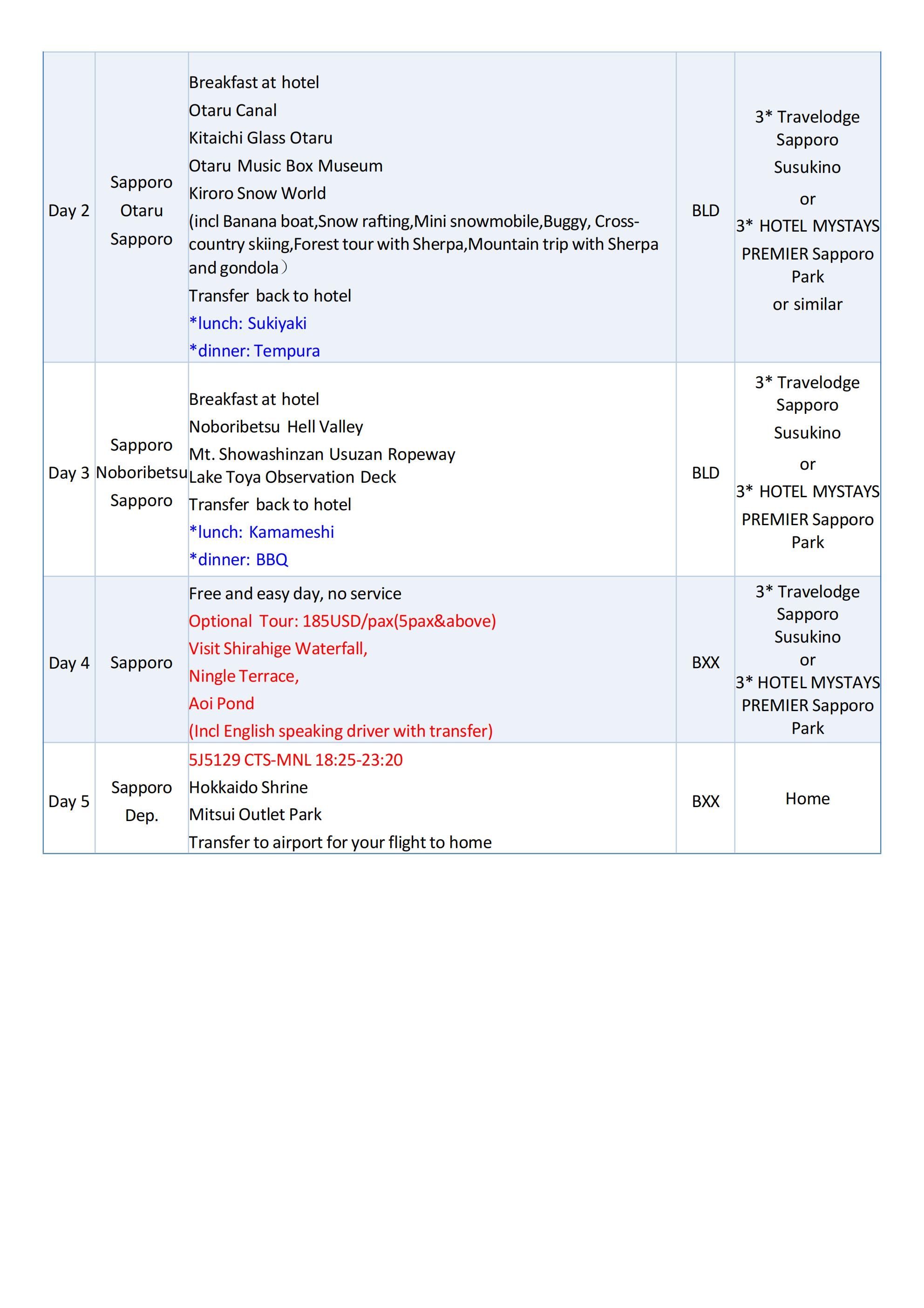 December Snow Hokkaido All IN 5D4N Tour: AS LOW AS $1399/PAX itinerary
