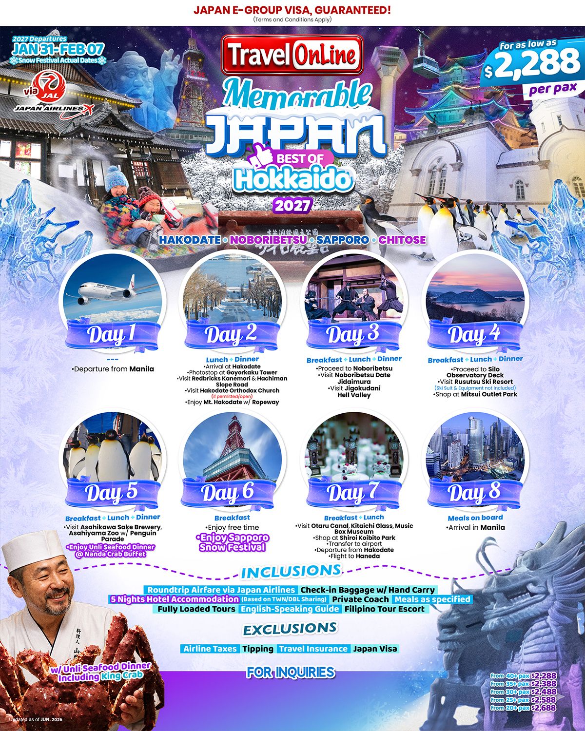 (EVISA) Memorable Japan Snow Festival 2027 : AS LOW AS $2288/PAX promo image