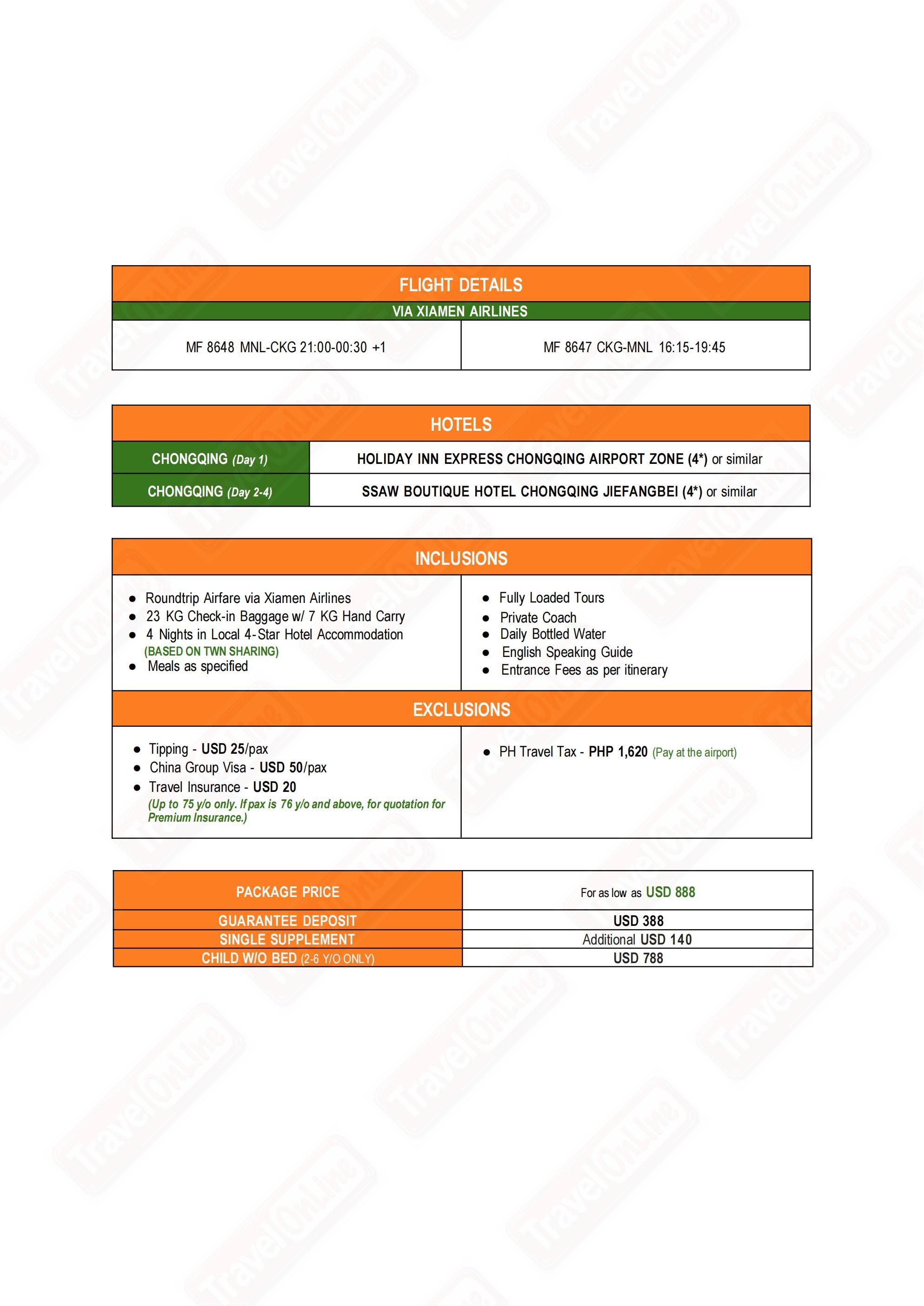 CHINA (Wo Ai Ni-Chongqing) 2026: AS LOW AS $888/PAX itinerary
