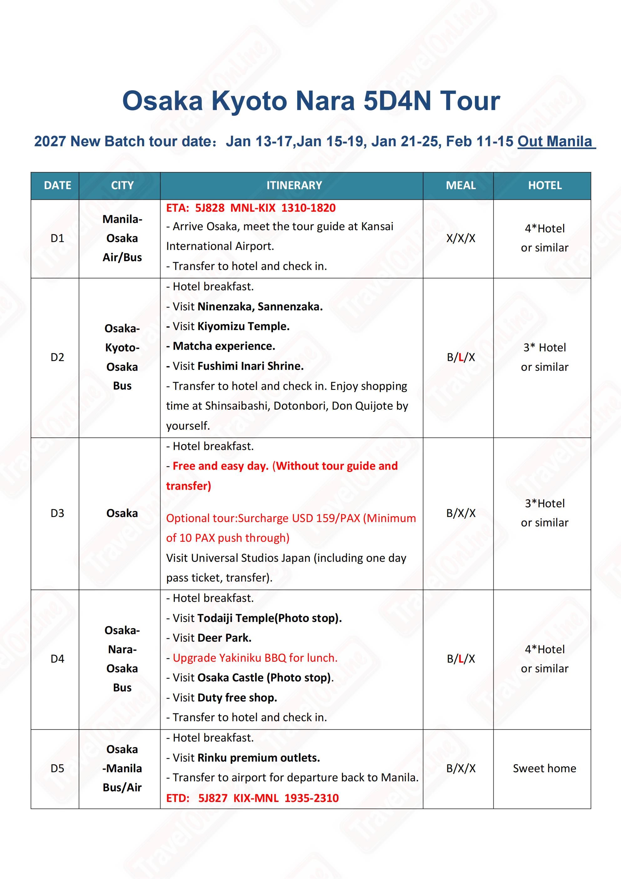 Osaka+Kyoto+Nara 5D4N （3 in 1 ）2027: AS LOW AS $859/PAX itinerary