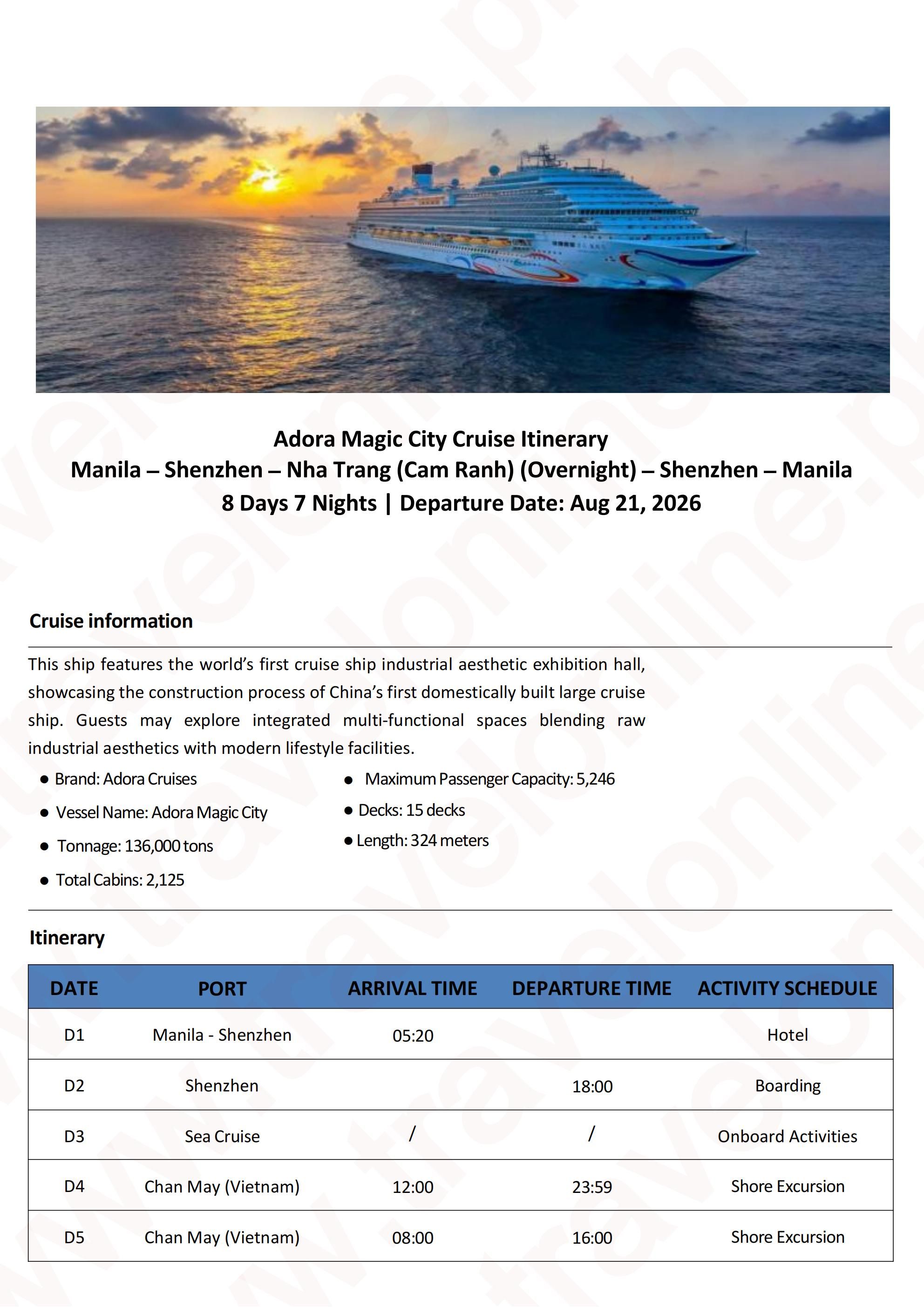 (FLY+CRUISE) Adora Magic City Cruise 8D7N (China Shenzhen+Vietnam Nha Trang),2026: AS LOW AS $1388/PAX itinerary