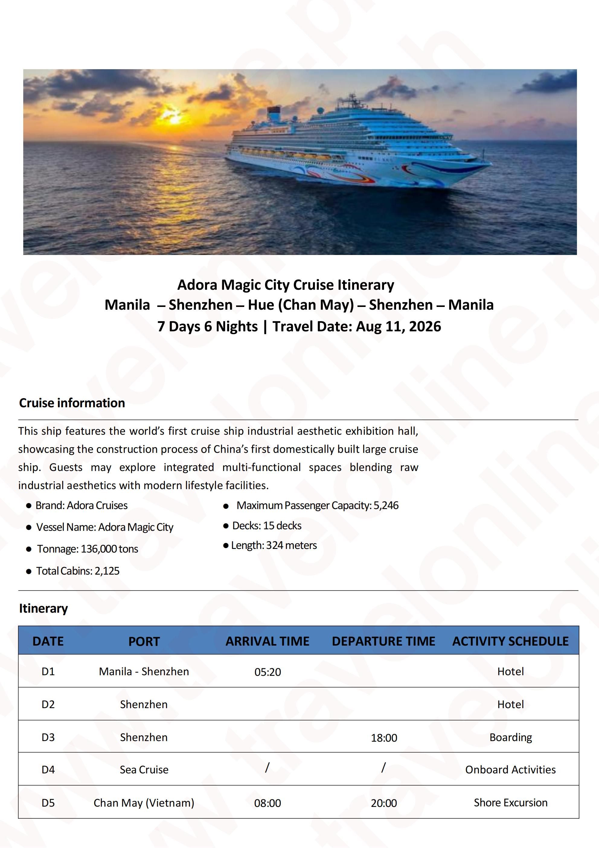 (FIY+CRUISE) Adora Magic City Cruise 7D6N (China Shenzhen+Vietnam Hue),2026: AS LOW AS $1288/PAX itinerary