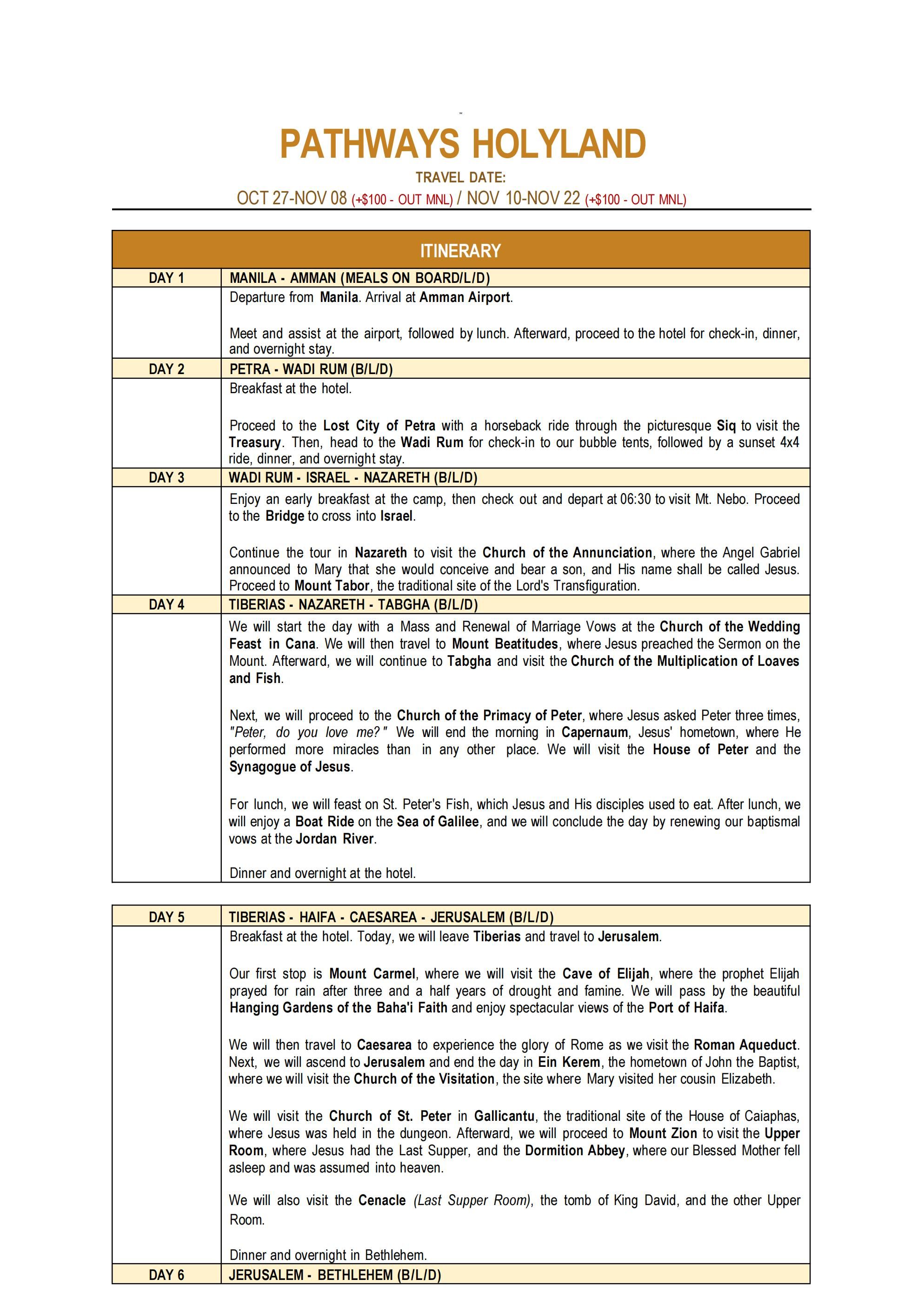 HOLYLAND (Pathways Holyland) 2026: AS LOW AS$4988/PAX itinerary
