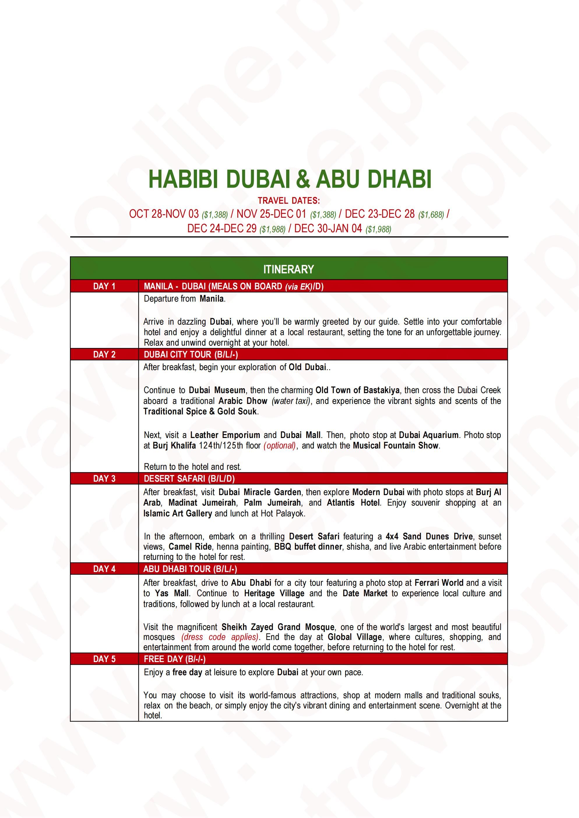 DUBAI and ABU DHABI (Habibi Dubai and Abu Dhabi) 2026-2027: AS LOW AS $1388/PAX itinerary