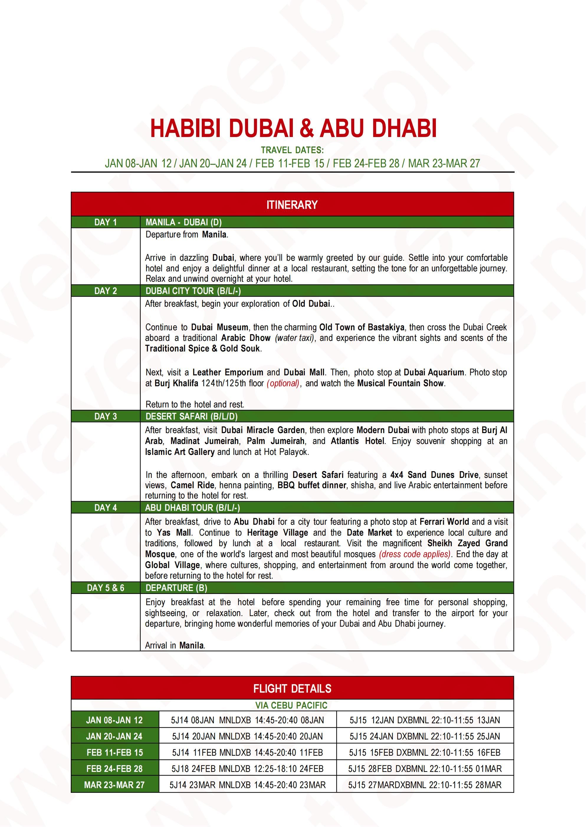 DUBAI and ABU DHABI (Habibi Dubai and Abu Dhabi_via 5J) 2027: AS LOW AS $1288/PAX itinerary