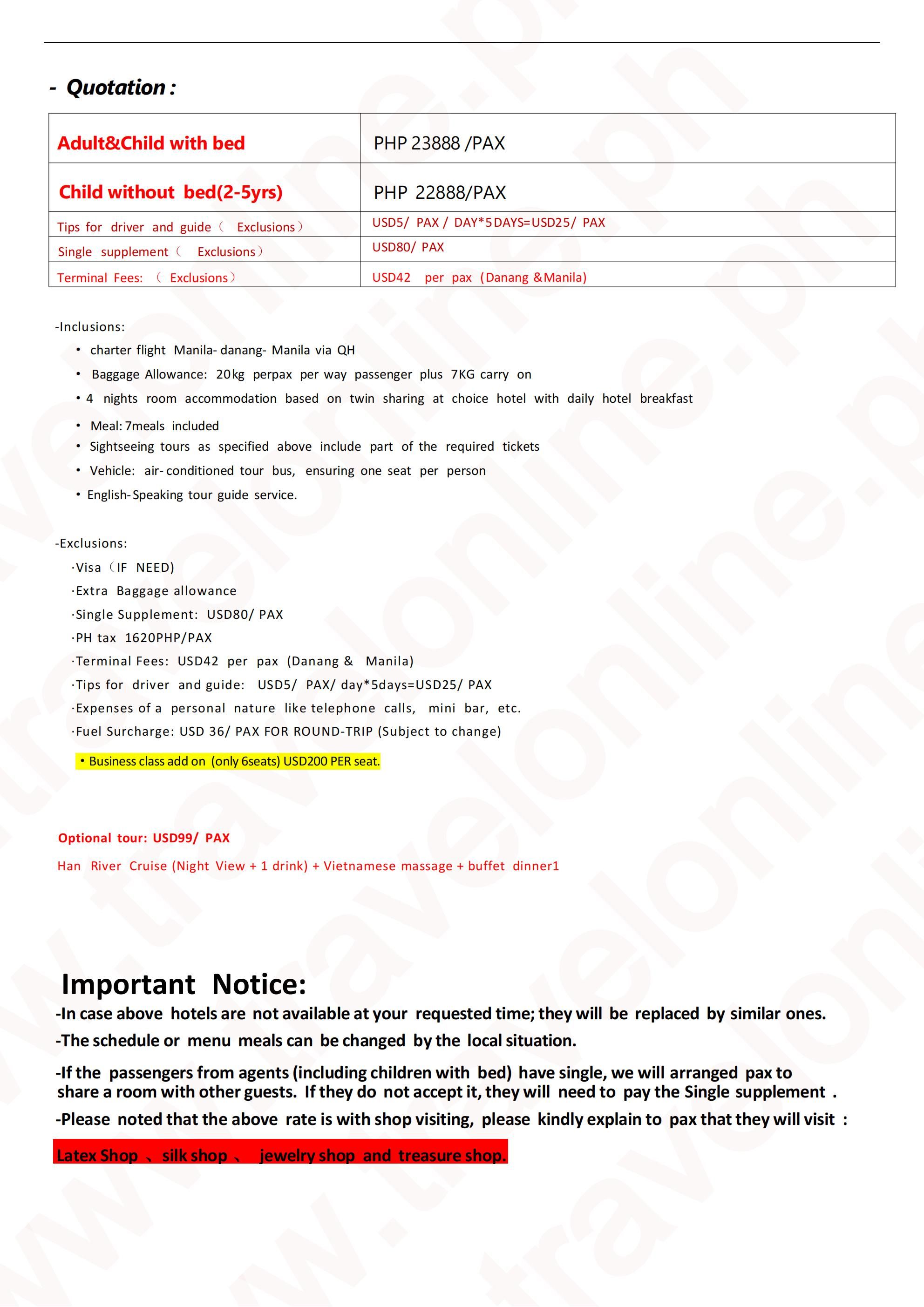 Manila-Danang-6D4N-Charter flight: AS LOW AS ₱23888/PAX itinerary