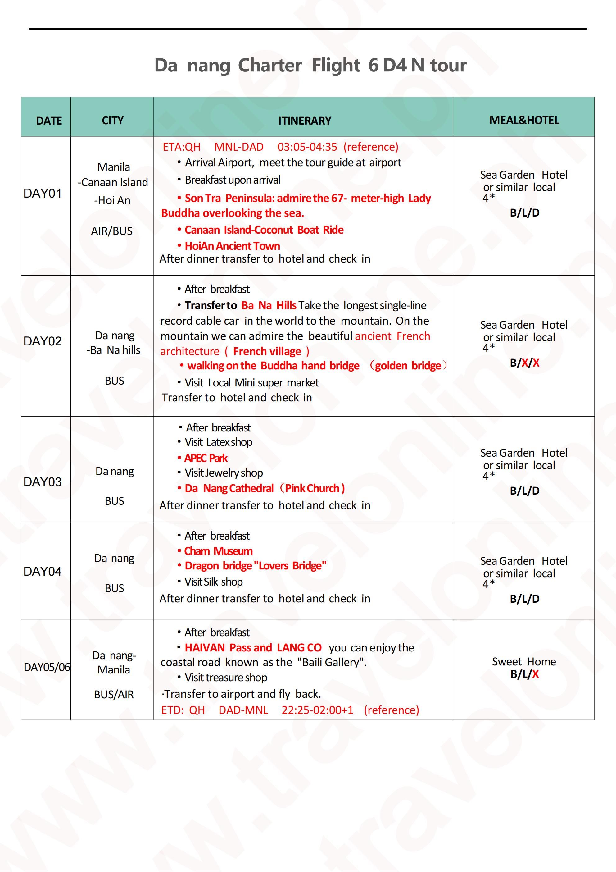 Manila-Danang-6D4N-Charter flight: AS LOW AS ₱23888/PAX itinerary