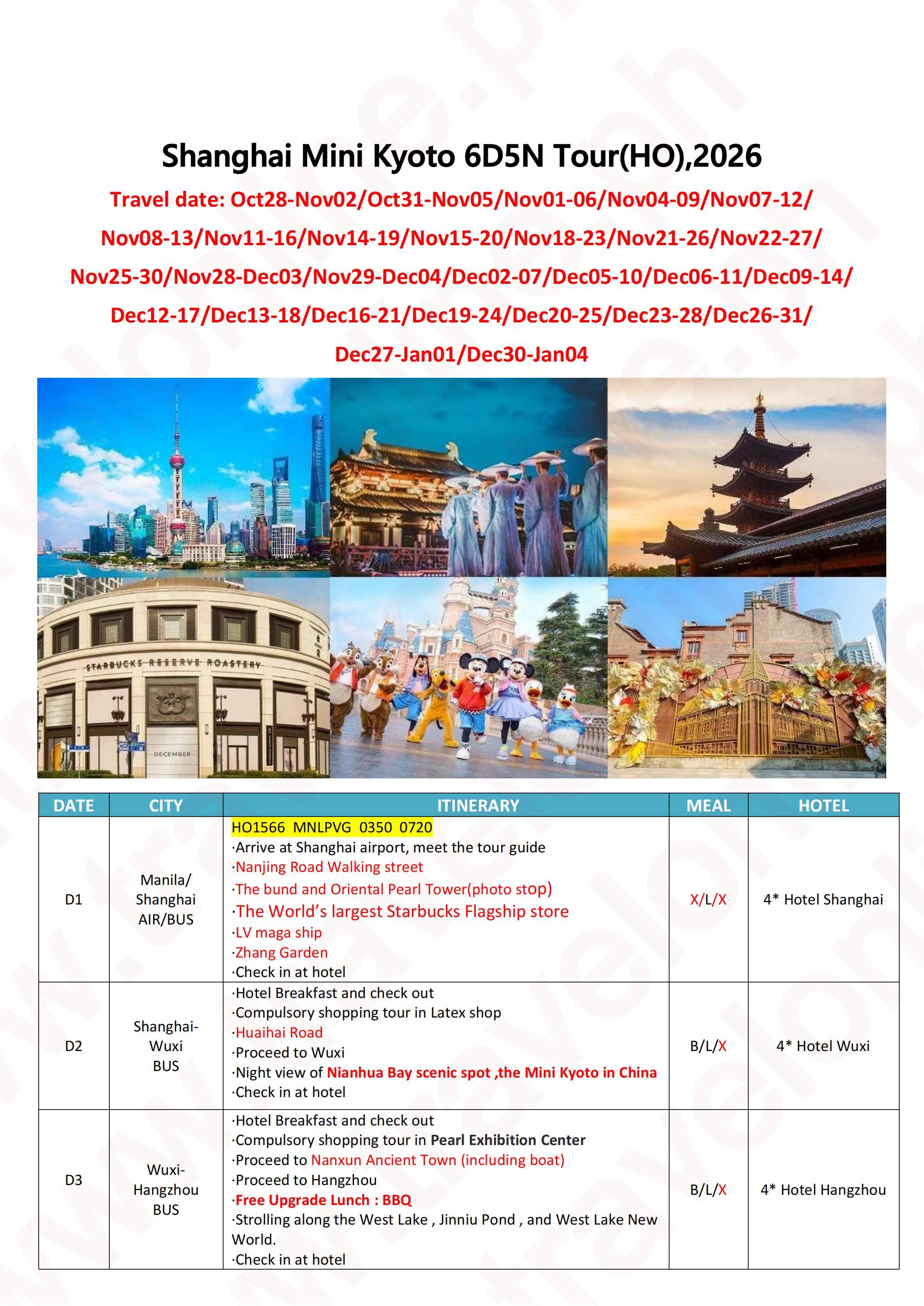 Shanghai Mini Kyoto 6D5N Tour(HO),2026: AS LOW AS $429/PAX itinerary