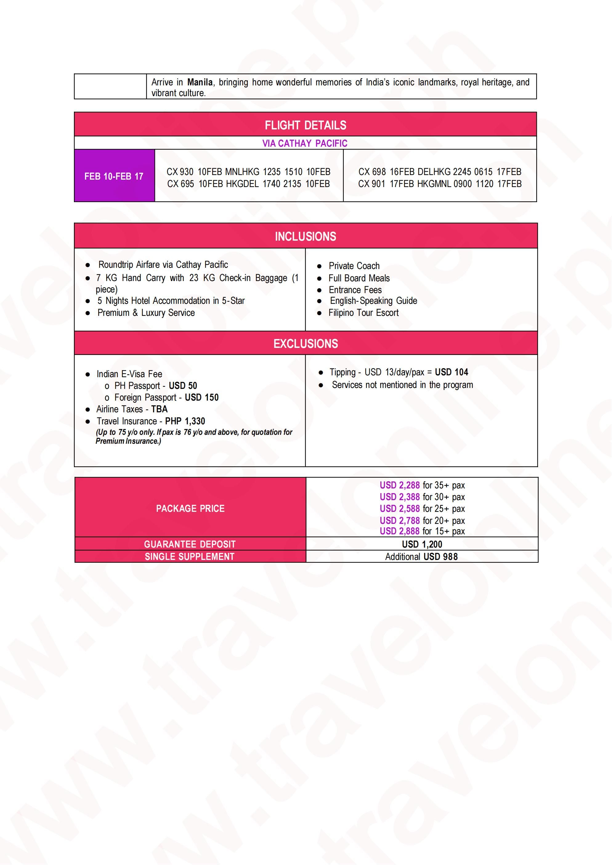 INDIA (Namaste India) 2027: AS LOW AS $2288/PAX itinerary