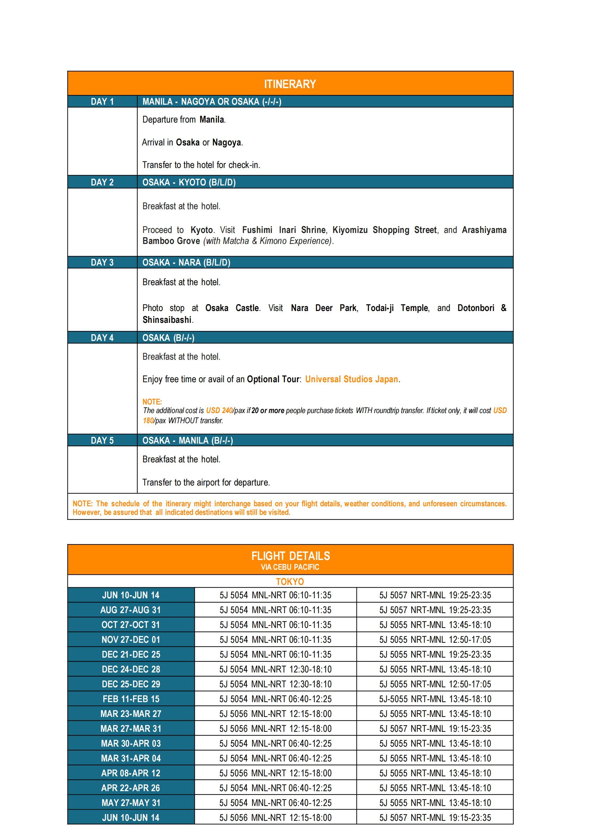 (EVISA) Memorable Japan_Tokyo or Osaka 2026 : AS LOW AS $1088/PAX itinerary