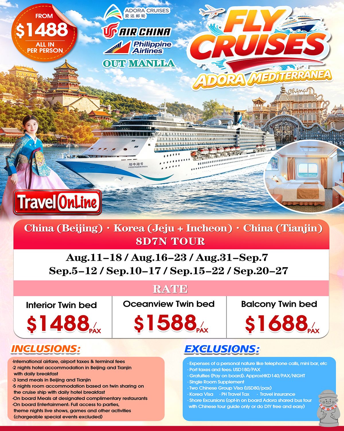 (FIY+CRUISE) Adora Mediterranea Cruise 8D7N (China Beijing-Tianjin+Korea Jeju-Incheon): AS LOW AS $1488/PAX promo image