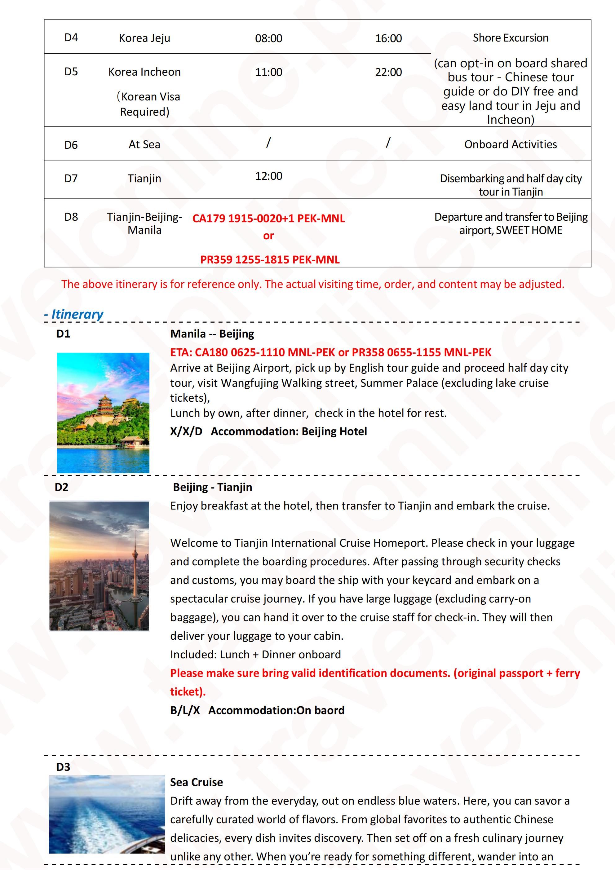 (FIY+CRUISE) Adora Mediterranea Cruise 8D7N (China Beijing-Tianjin+Korea Jeju-Incheon): AS LOW AS $1488/PAX itinerary