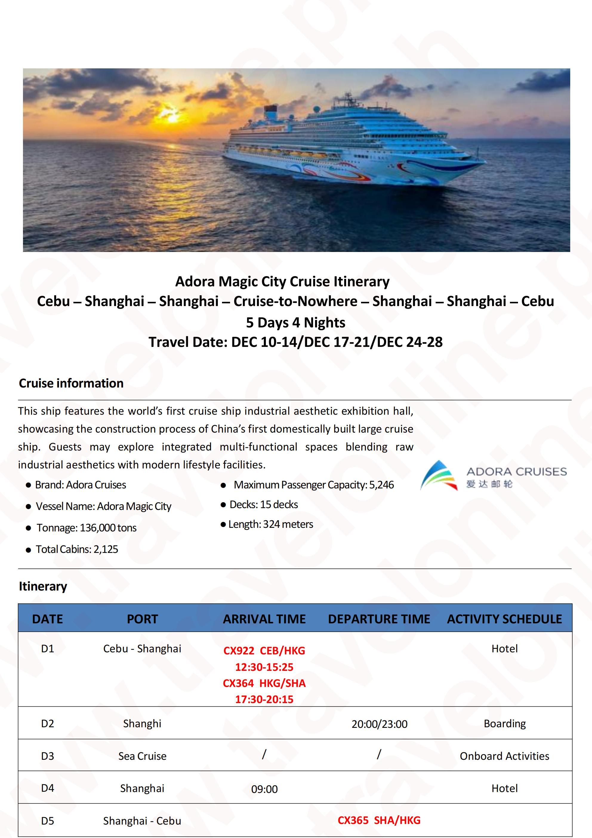 (FIY+CRUISE) Adora Magic City Cruise 5D4N (China Shanghai),2026: AS LOW AS $1188/PAX itinerary
