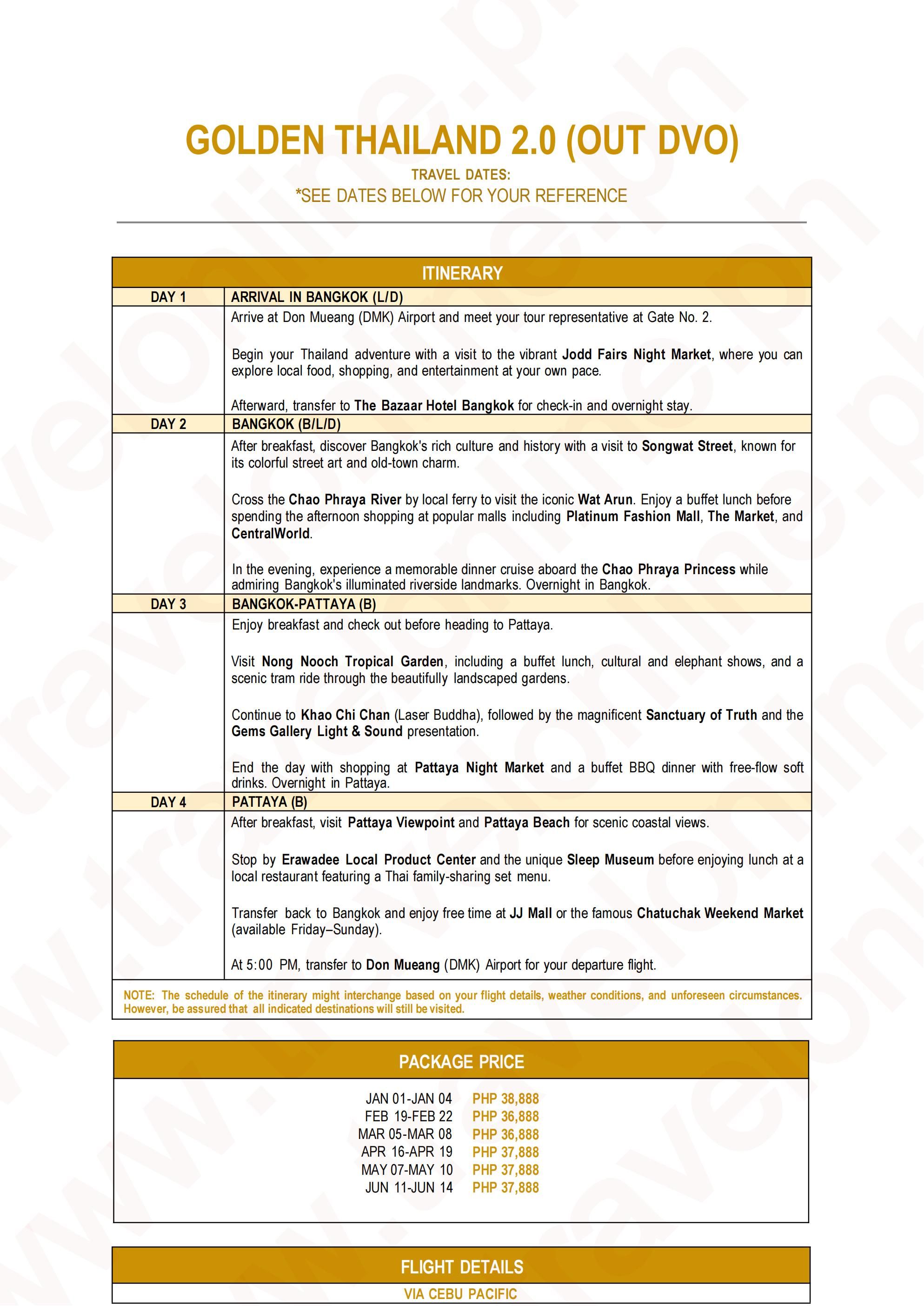 THAILAND (Golden Thailand OUT DVO) 2027: AS LOW AS ₱36888/PAX itinerary