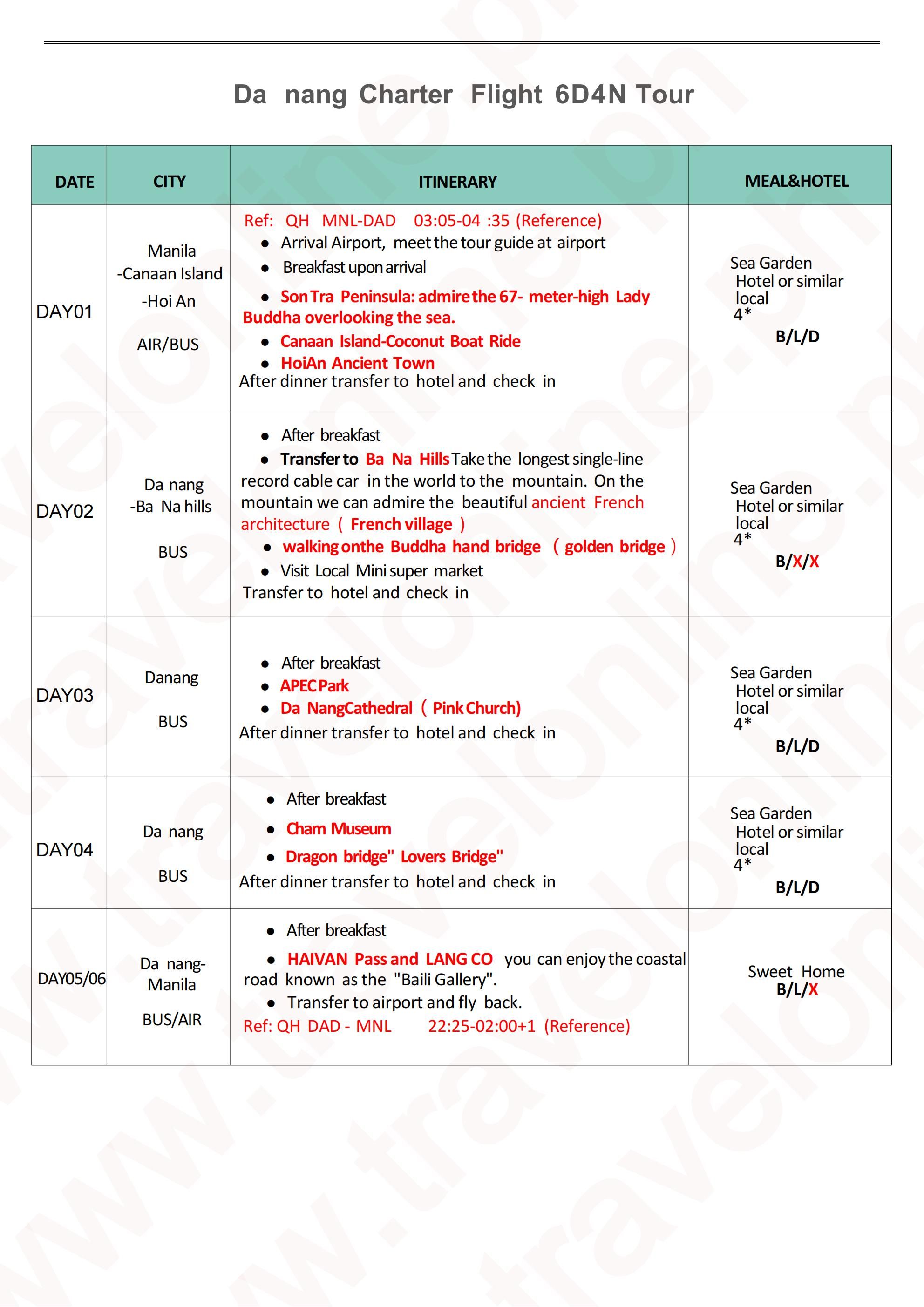 Manila-Danang-6D4N-Charter fight-QH(No-Shopping): AS LOW AS ₱33999/PAX itinerary