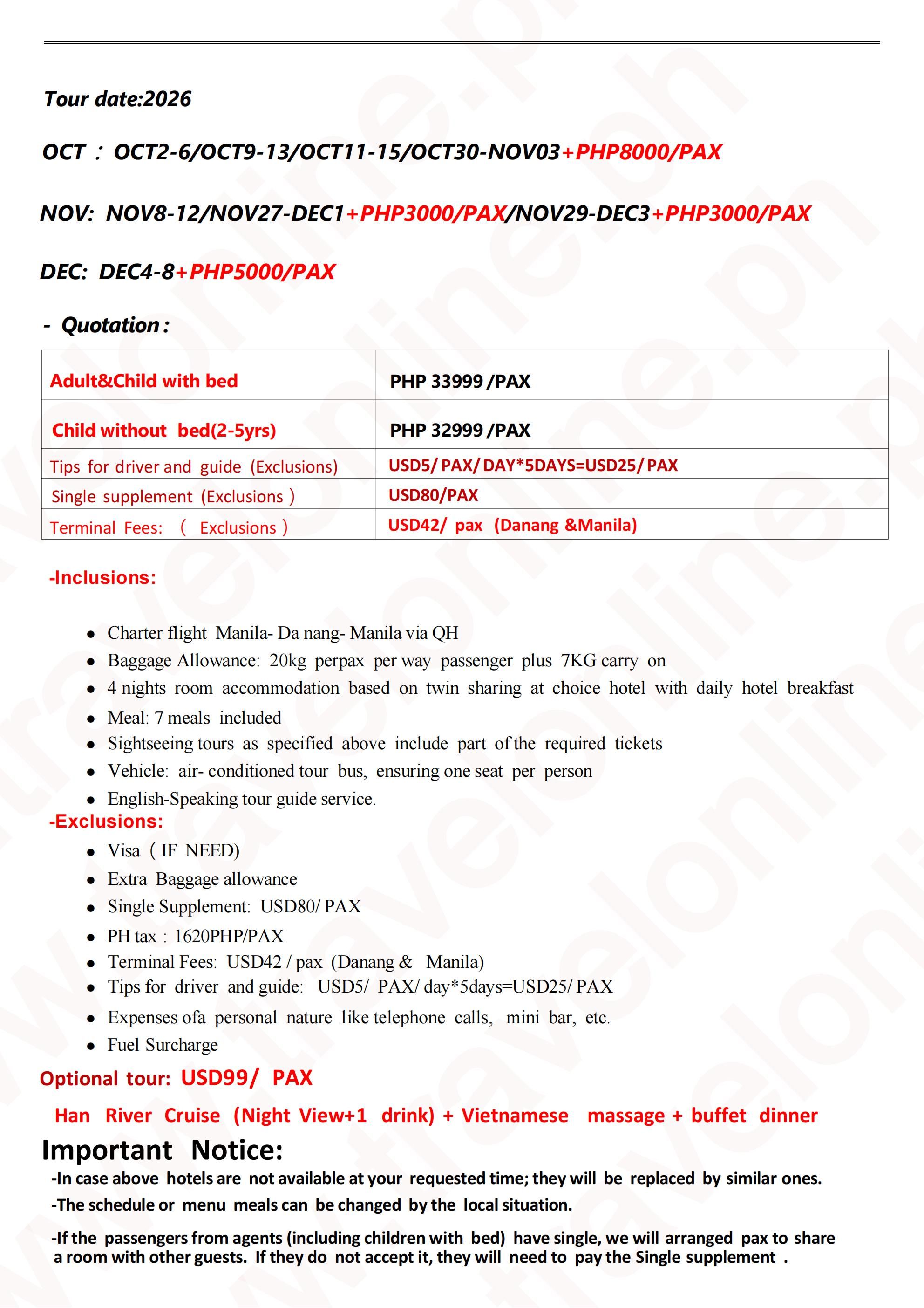 Manila-Danang-6D4N-Charter fight-QH(No-Shopping): AS LOW AS ₱33999/PAX itinerary