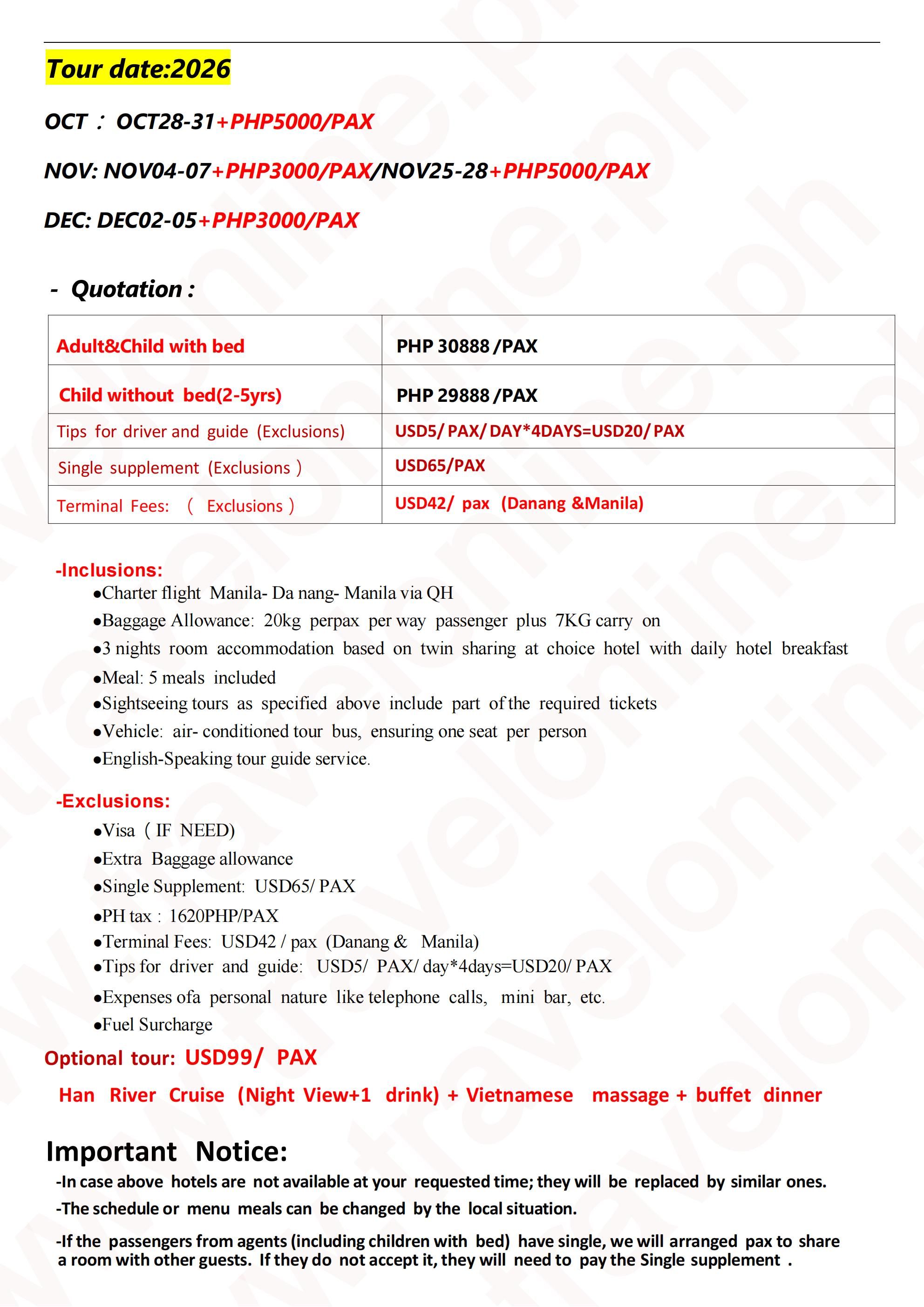 Manila-Danang-5D3N-Charter fight-QH(No-Shopping): AS LOW AS ₱30888/PAX itinerary
