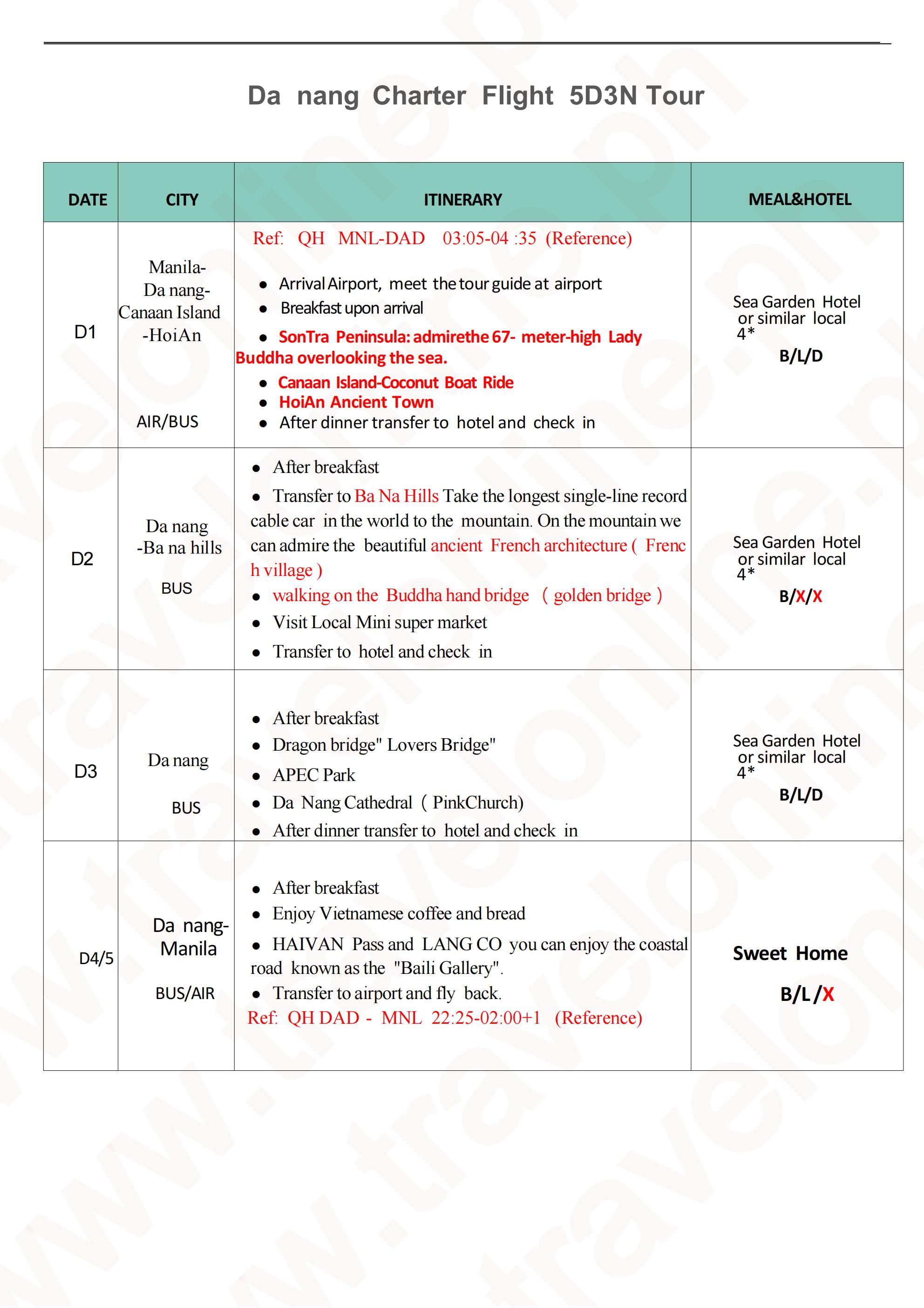 Manila-Danang-5D3N-Charter fight-QH(No-Shopping): AS LOW AS ₱30888/PAX itinerary