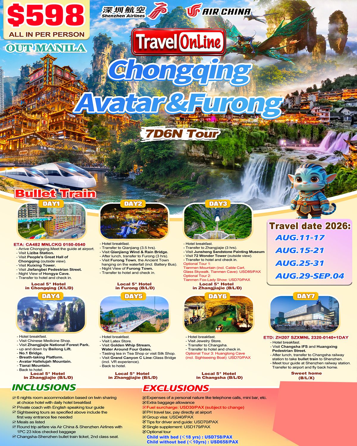 Chongqing+Avatar+Furong 7D6N(CAandZH), 2026: AS LOW AS $598/PAX promo image