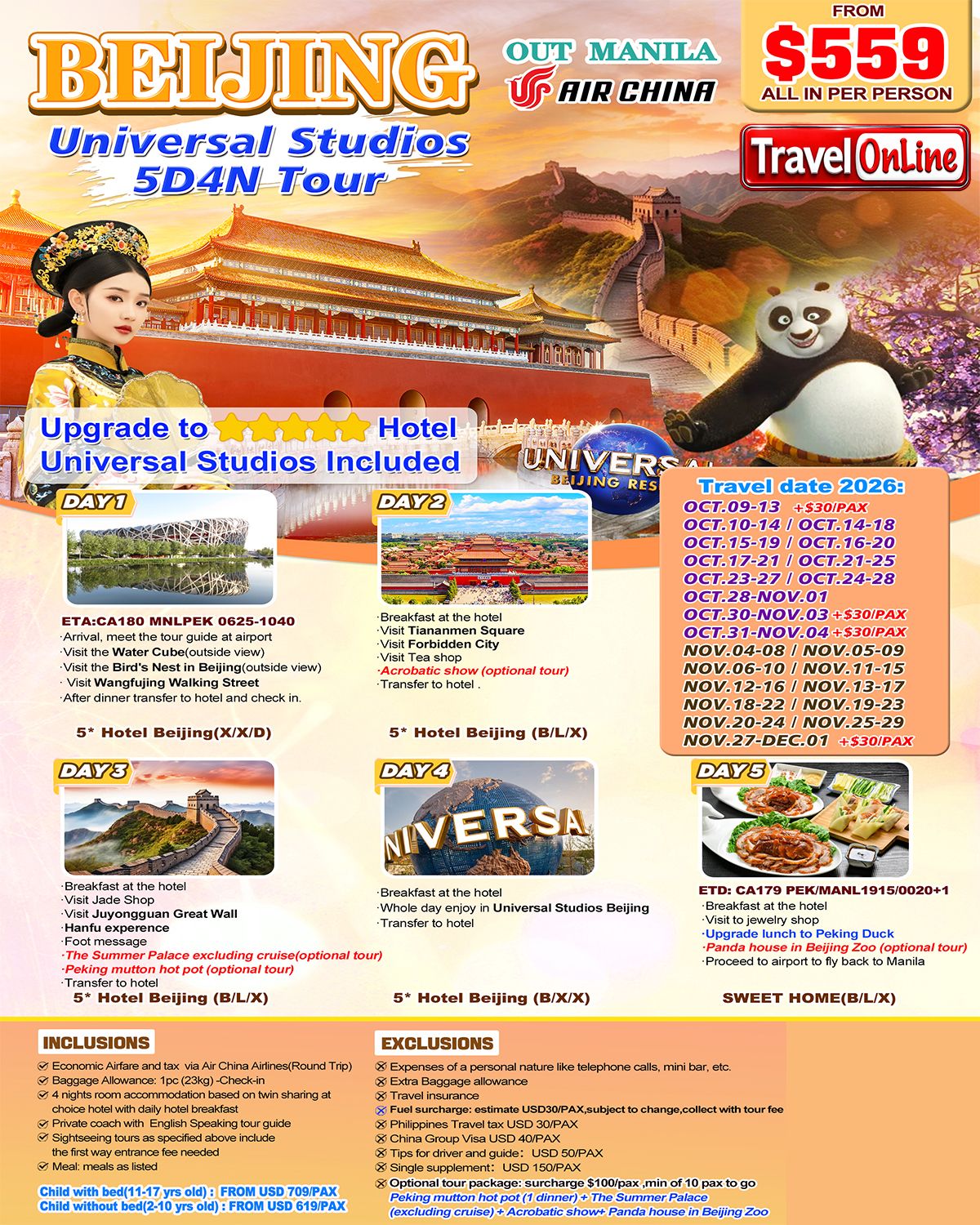 Beijing+Universal Studios 5D4N Tour(CA),2026: AS LOW AS $559/PAX promo image