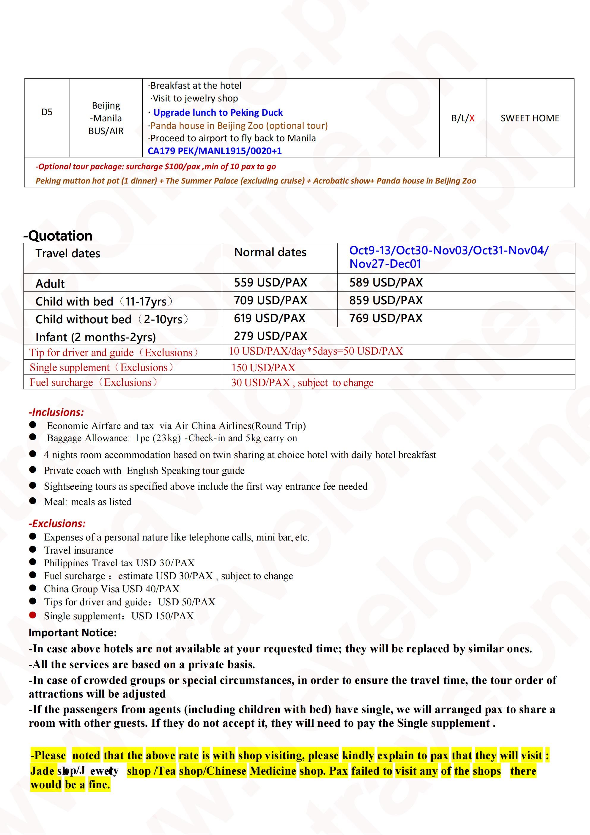 Beijing+Universal Studios 5D4N Tour(CA),2026: AS LOW AS $559/PAX itinerary