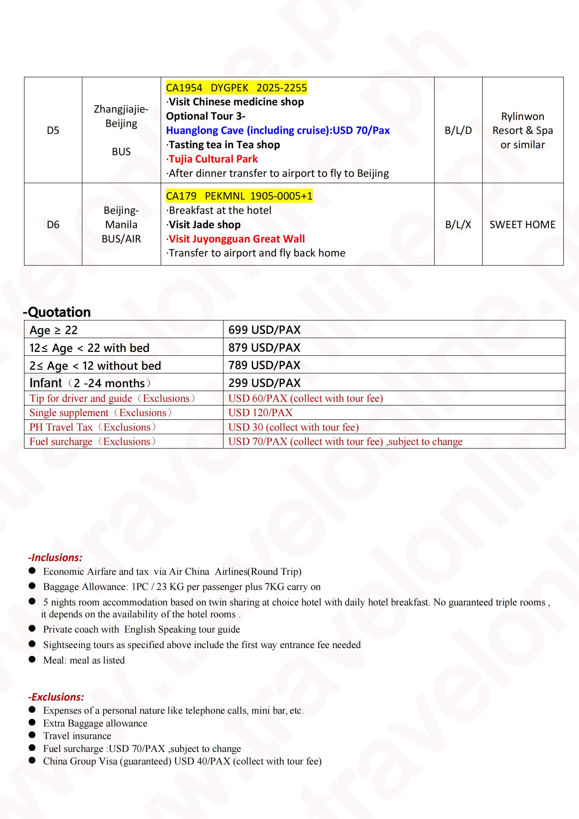 Avatar + Beijing 6D5N Tour ,2026: AS LOW AS $699/PAX itinerary